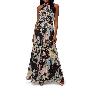 Adrianna Papell Floral Print Halter Neck Sleeveless Gown